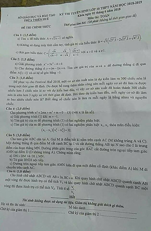 Đề thi vào 10 môn Toán tỉnh Thừa Thiên Huế 2018