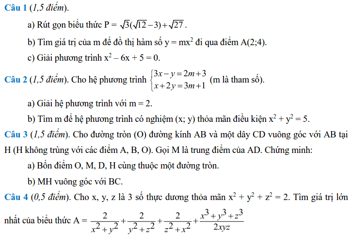 Đề thi vào 10 môn Toán tỉnh Hưng Yên 2018