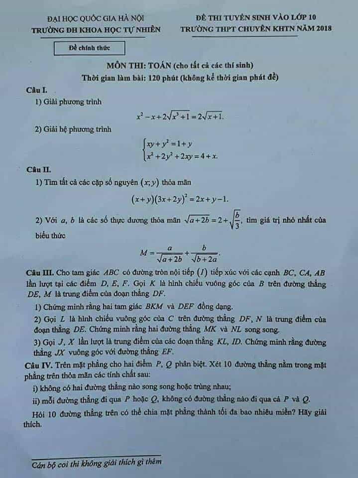 Đề thi vào 10 môn Toán THPT chuyên ĐH Khoa học tự nhiên 2018