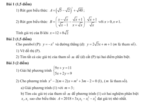 Đề thi vào 10 môn Toán tỉnh Bình Dương 2018