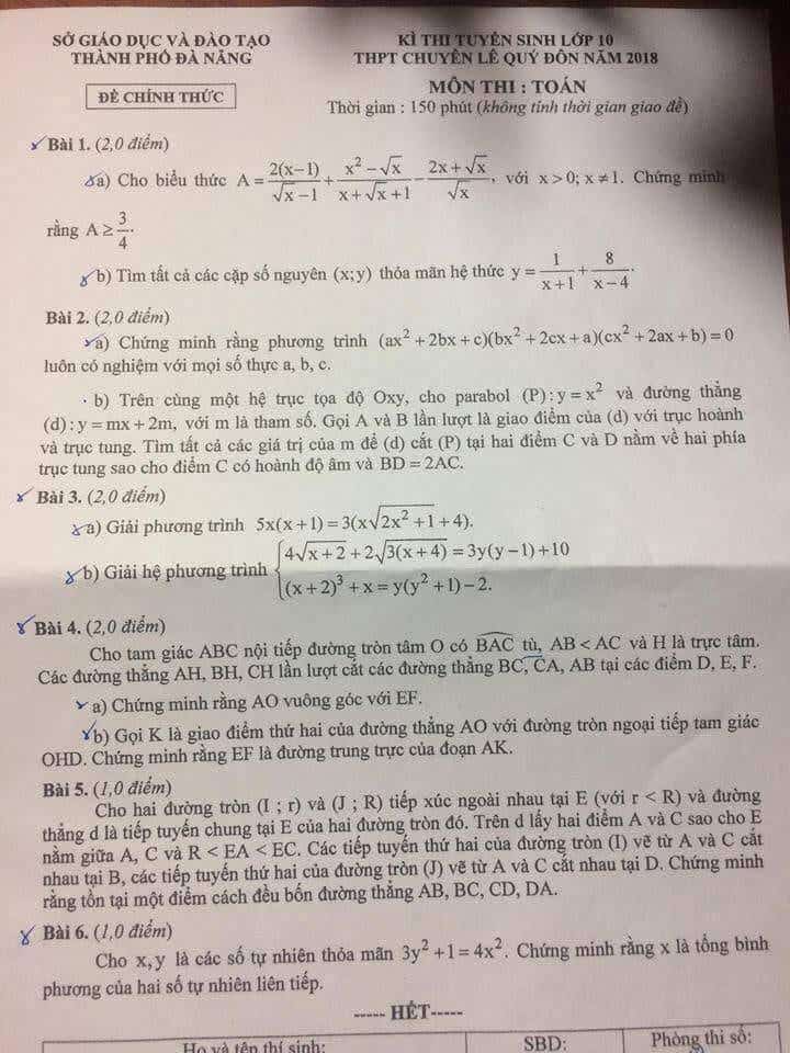 Đề thi vào 10 môn Toán THPT chuyên Lê Quý Đôn – Đà Nẵng 2018