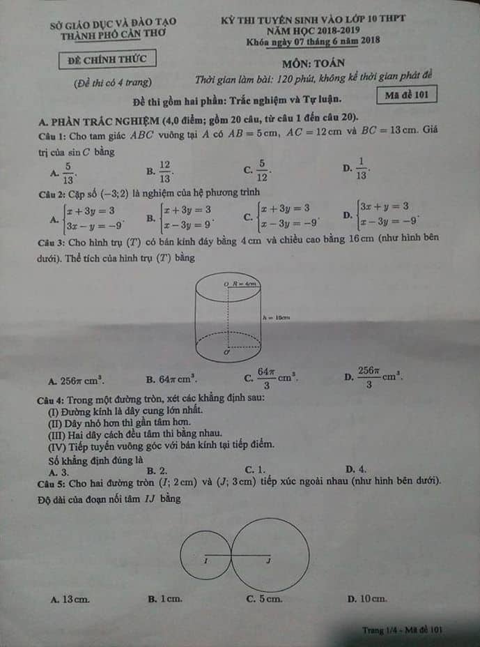 Đề thi vào 10 môn Toán TP Cần Thơ 2018