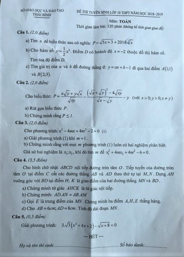 Đề thi vào 10 môn Toán tỉnh Thái Bình 2018