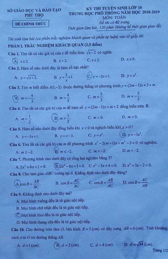 Đề thi vào 10 môn Toán tỉnh Phú Thọ 2018