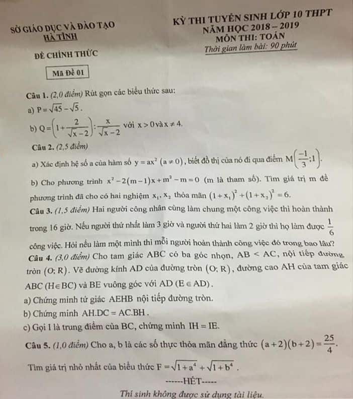 Đề thi vào 10 môn Toán tỉnh Hà Tĩnh 2018 có đáp án