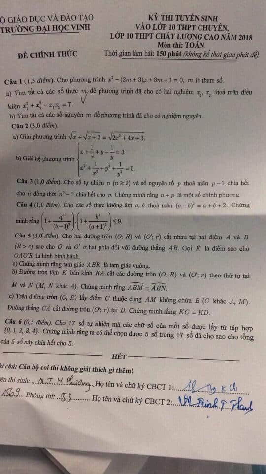 Đề thi vào 10 môn Toán THPT chuyên ĐH Vinh – Nghệ An 2018