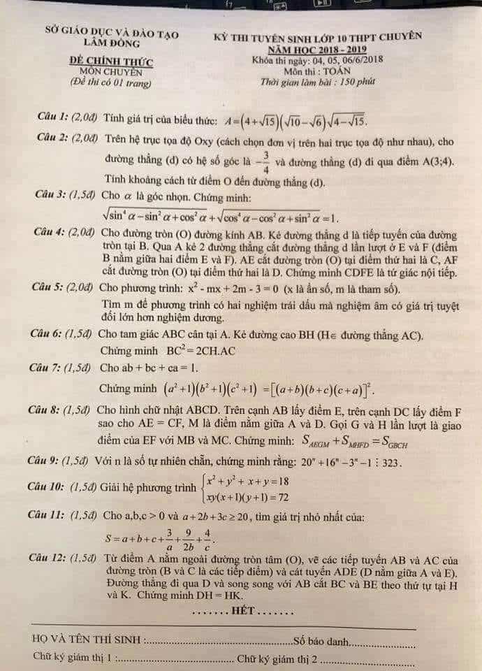 Đề thi vào 10 môn Toán tỉnh Lâm Đồng 2018-2019