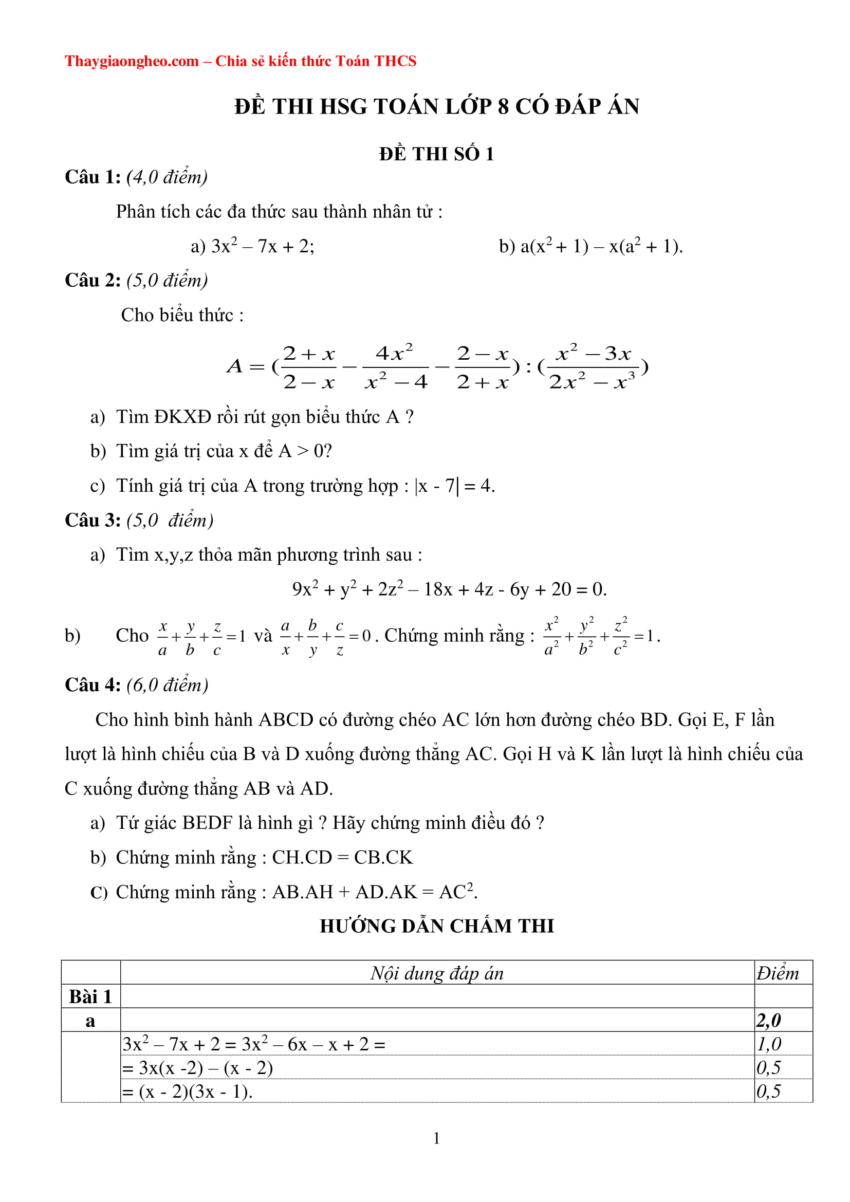 22 Đề thi HSG Toán 8 có đáp án mới nhất