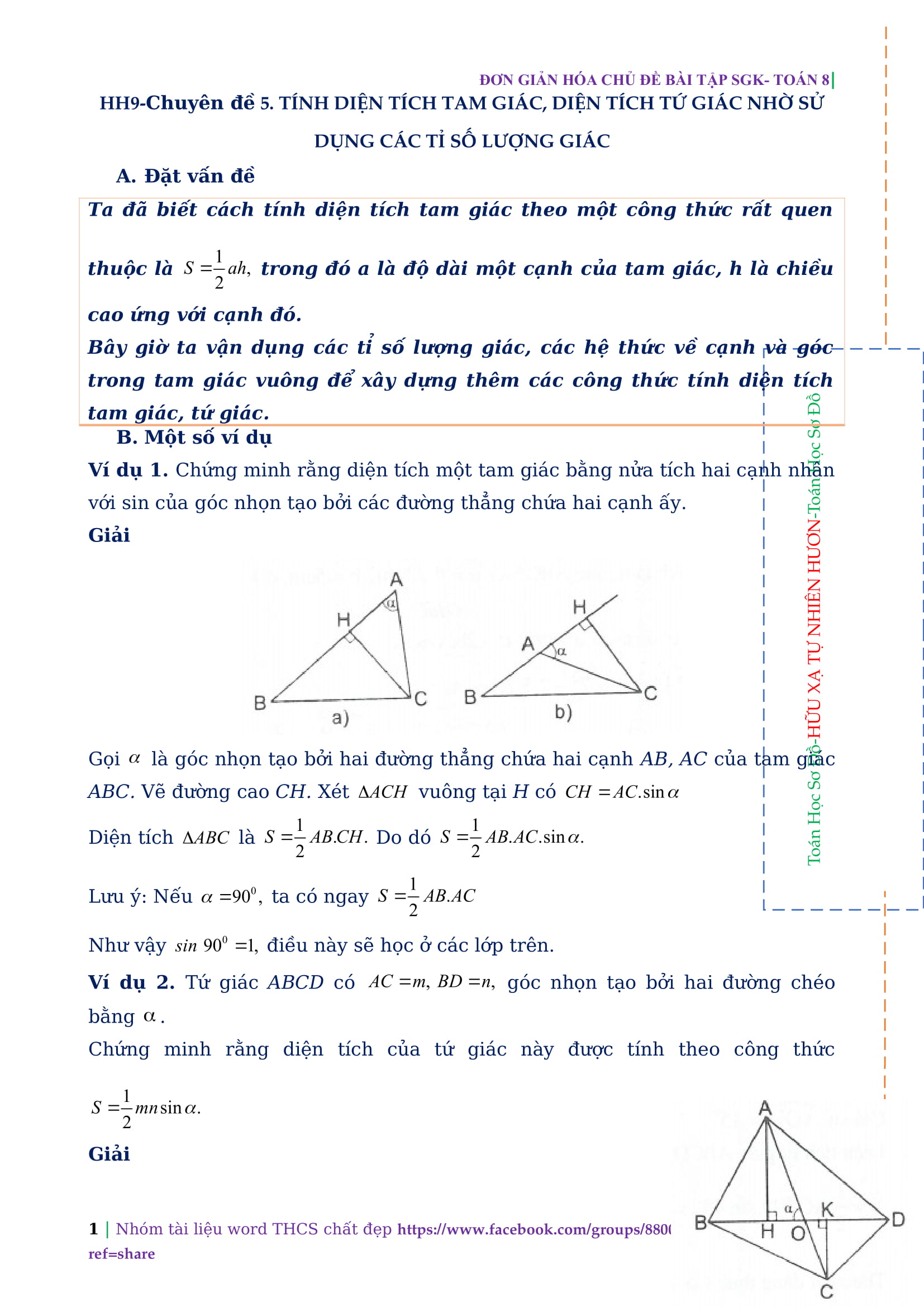 Toán hình học 9 bài 5: Tính diện tích tam giác, tứ giác bằng tỉ số lượng giác