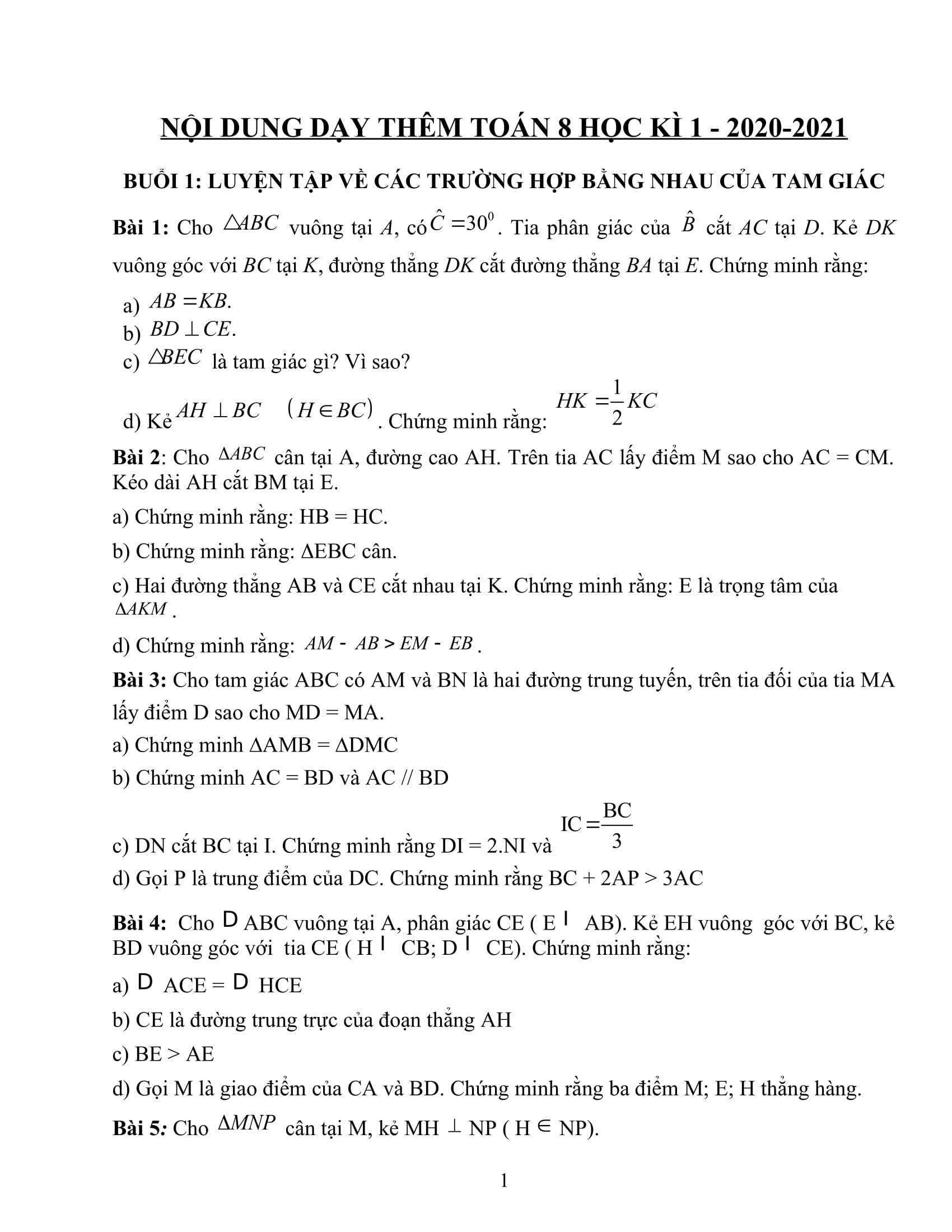 Giáo án dạy thêm Toán 8 HK1 2020-2021