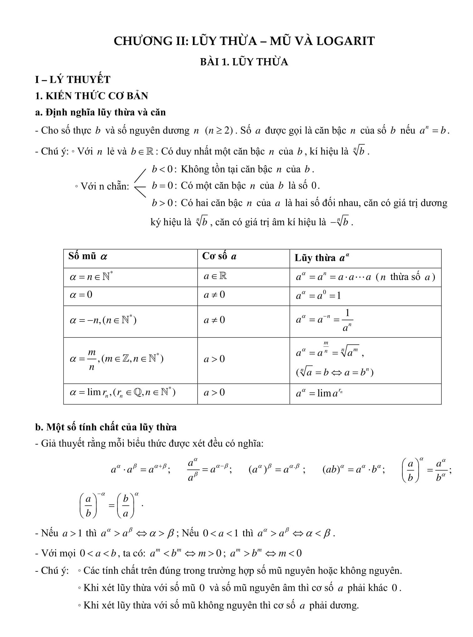 Chuyên đề 2: Lũy thừa, hàm số mũ và logarit