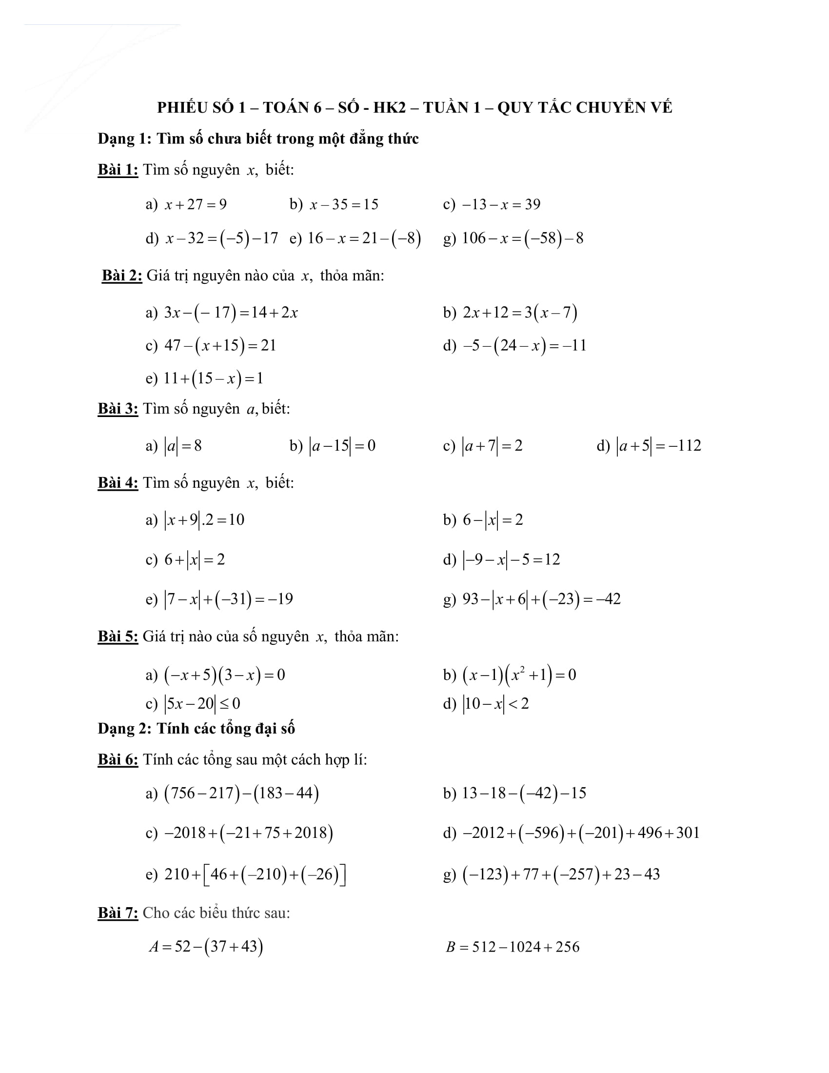 Phiếu bài tập Đại số Toán 6 HK2 tuần 10 đến tuần 17