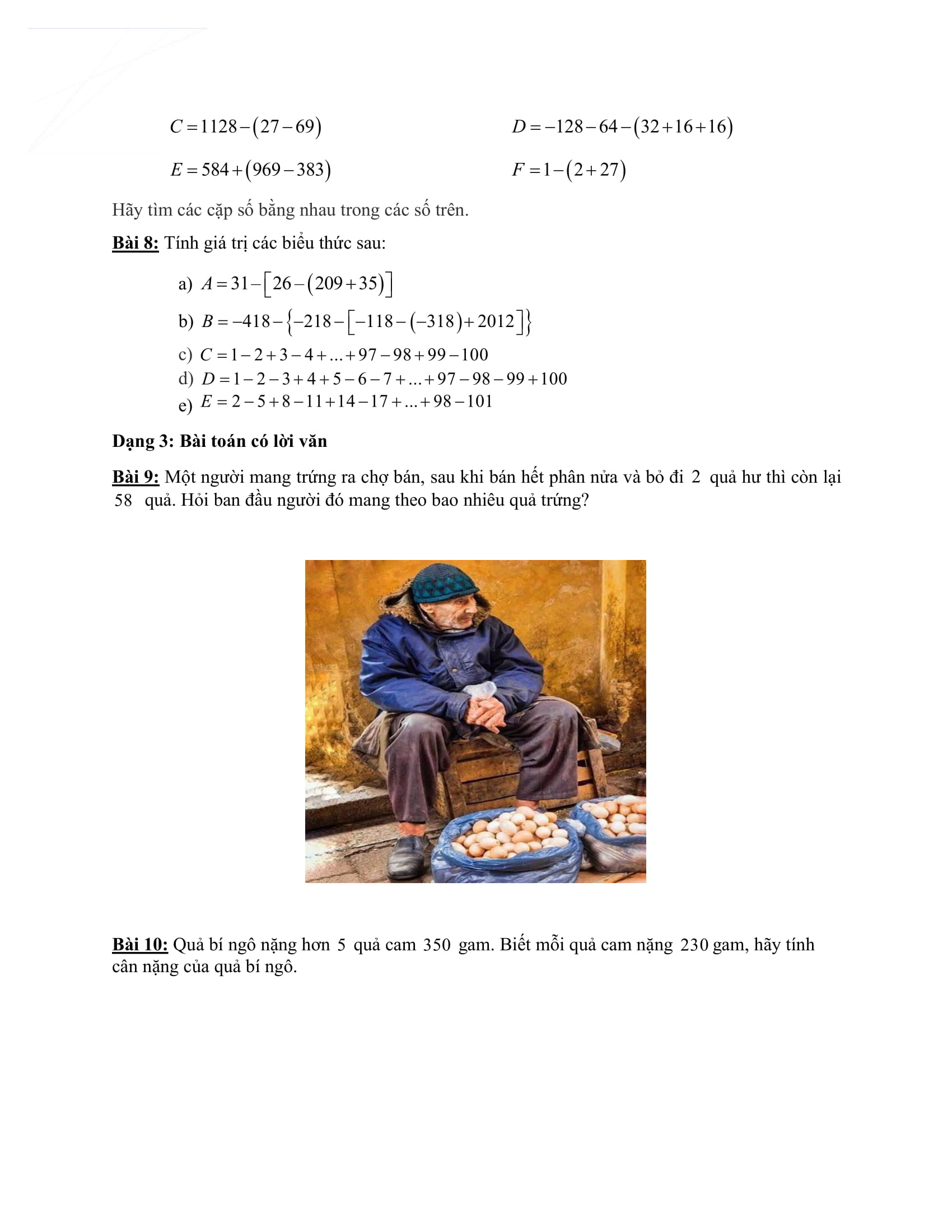 Phiếu bài tập Đại số Toán 6 HK2 tuần 10 đến tuần 17