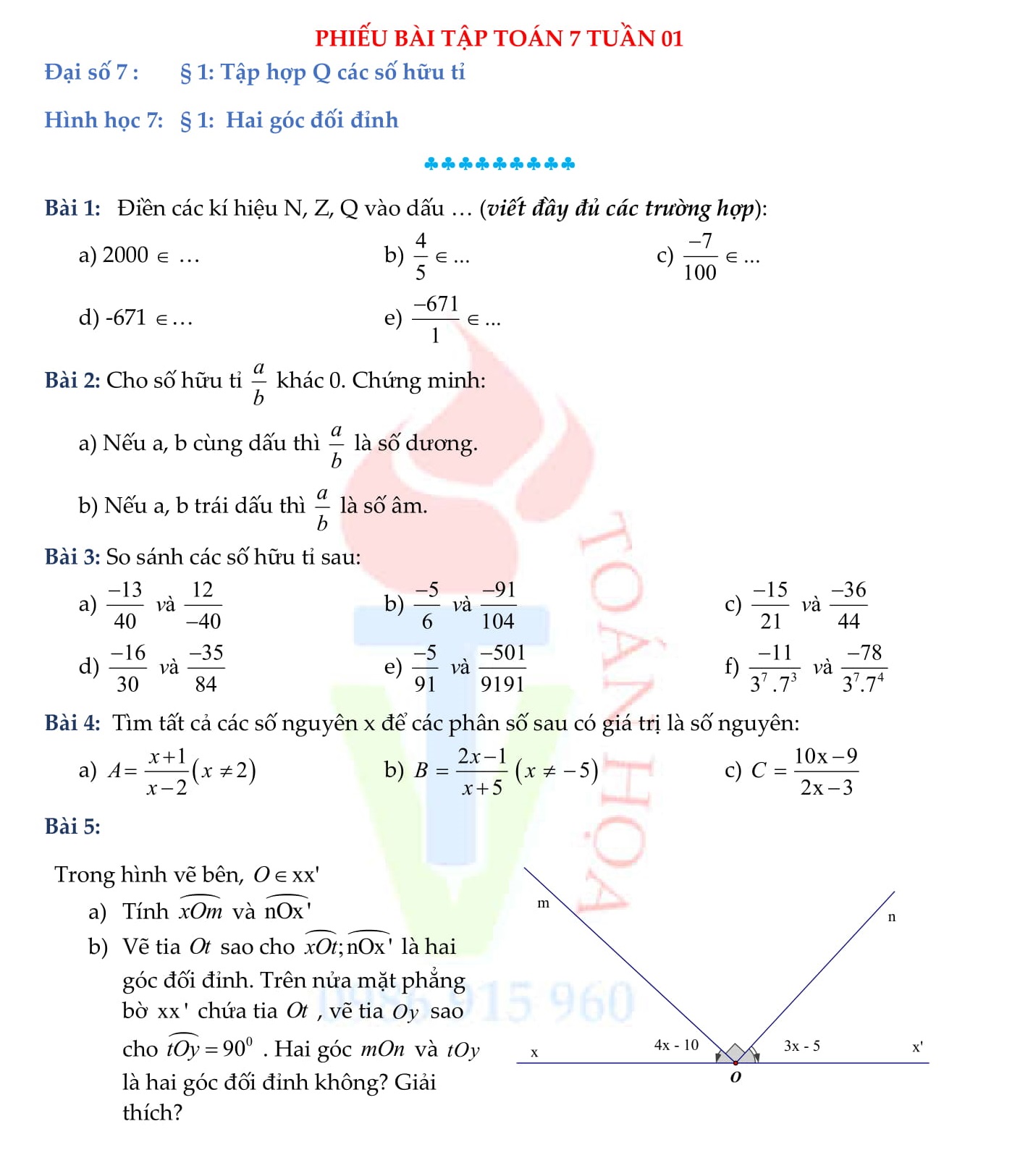Phiếu bài tập Toán 7 (hình học và đại số)