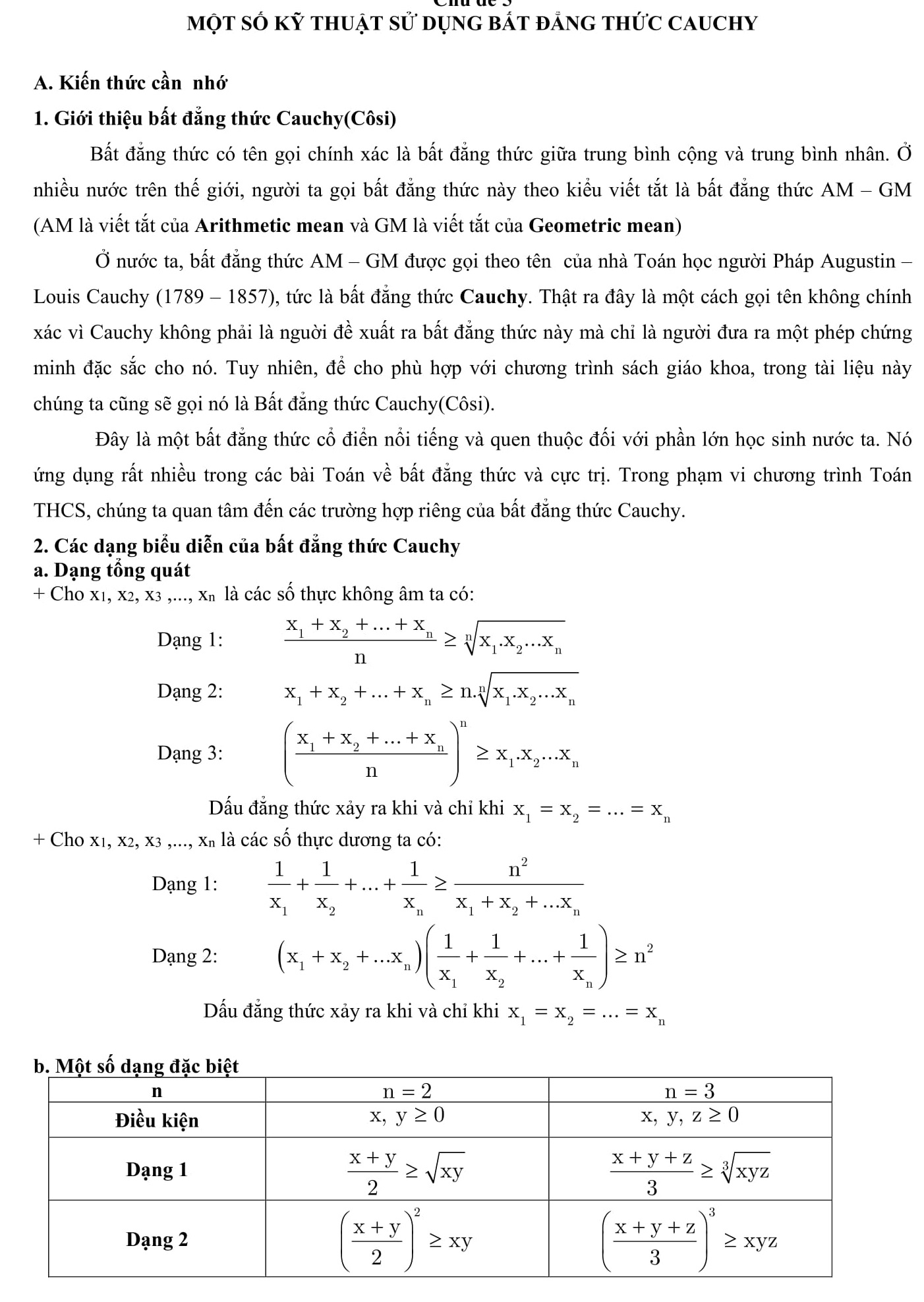 Bất đẳng thức Cosi - Toán Đại 9