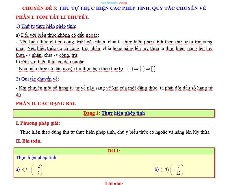 Chuyên Đề Thứ Tự Thực Hiện Các Phép Tính Toán 7