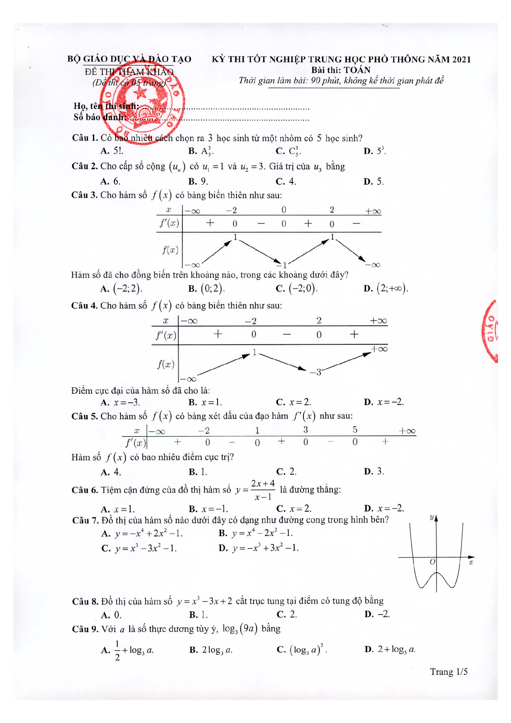 Full Đáp án đề tham khảo 2021 môn Toán thi tốt nghiệp THPT Quốc gia 2021 Hot