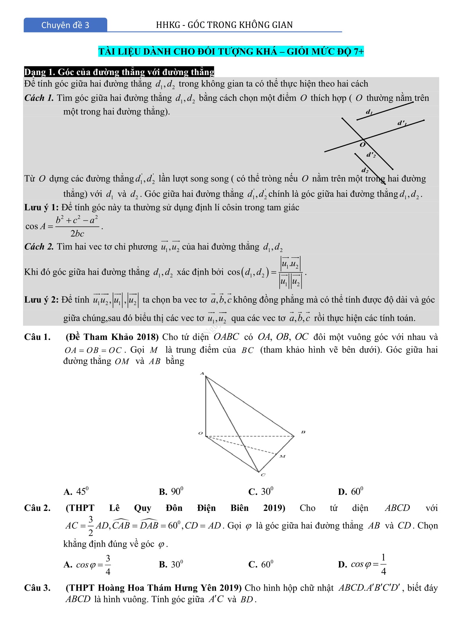 Chuyên đề Toán 12 -  Góc và khoảng cách hình học trong không gian