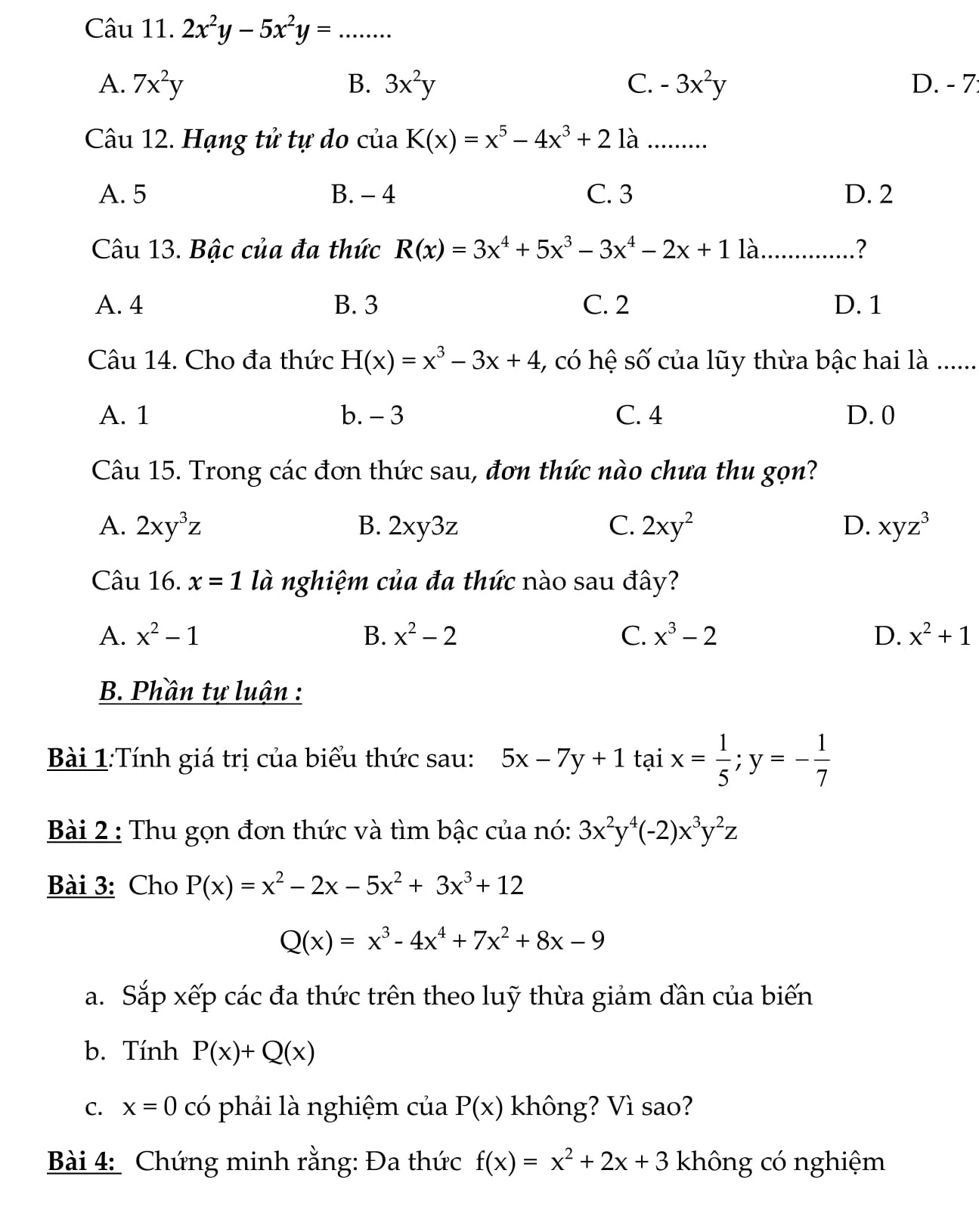 Kiểm tra 45p Đại số 7: Chương 4 Biểu thức đại số